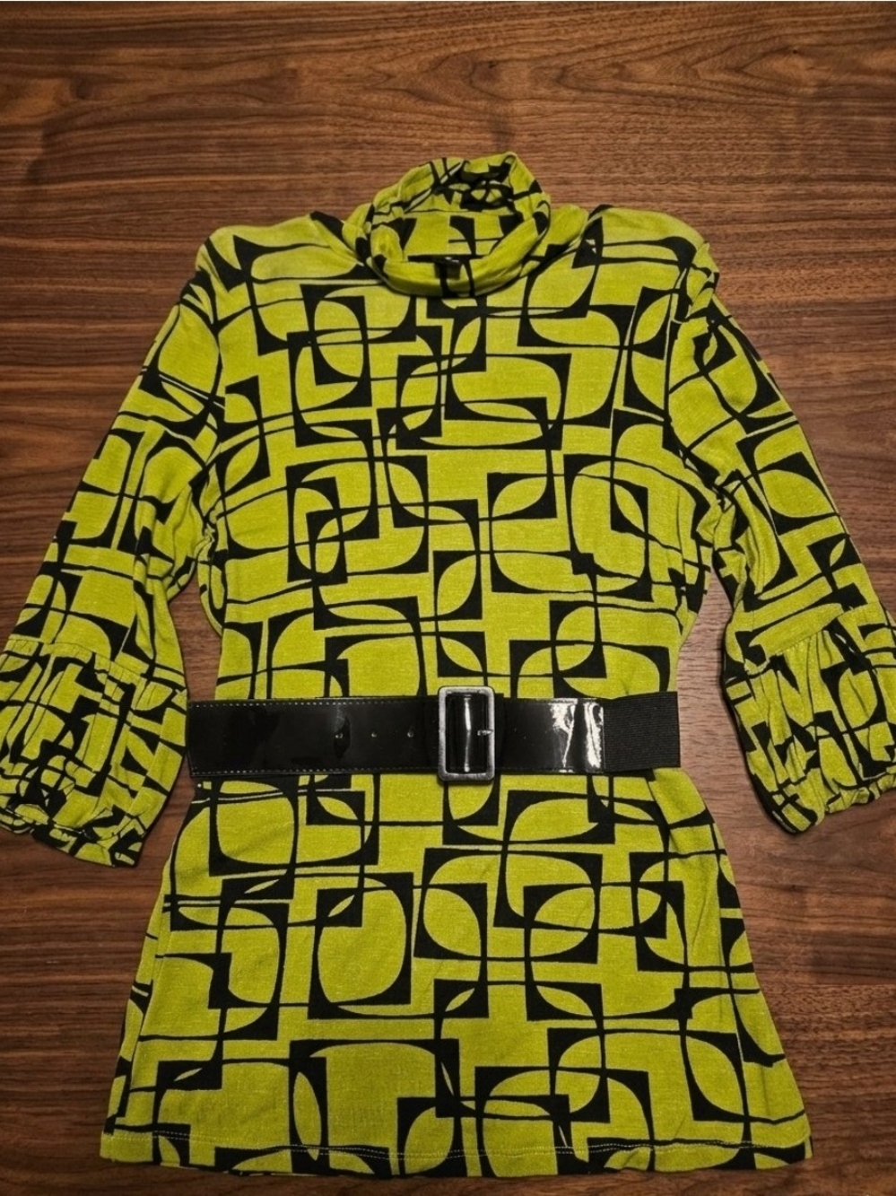 INC International Concepts Lime Green and Black Geometric Tunic with Belt